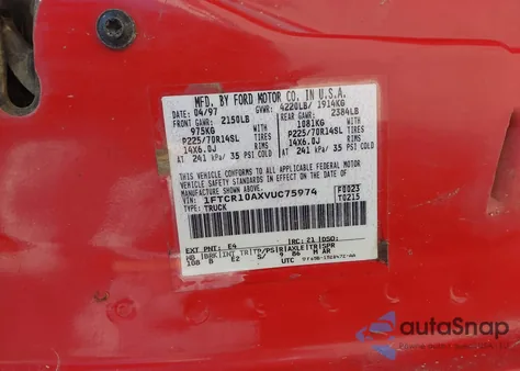 1997 Ford Ranger Splash/Xl/Xlt from USA, damaged, VIN 1FTCR10AXVUC75974